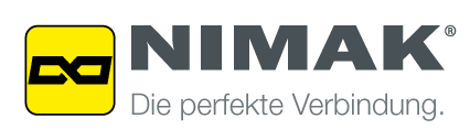 Vollständiges NIMAK-Logo mit gelbem Signet und dem Zusatz Die perfekte Verbindung.