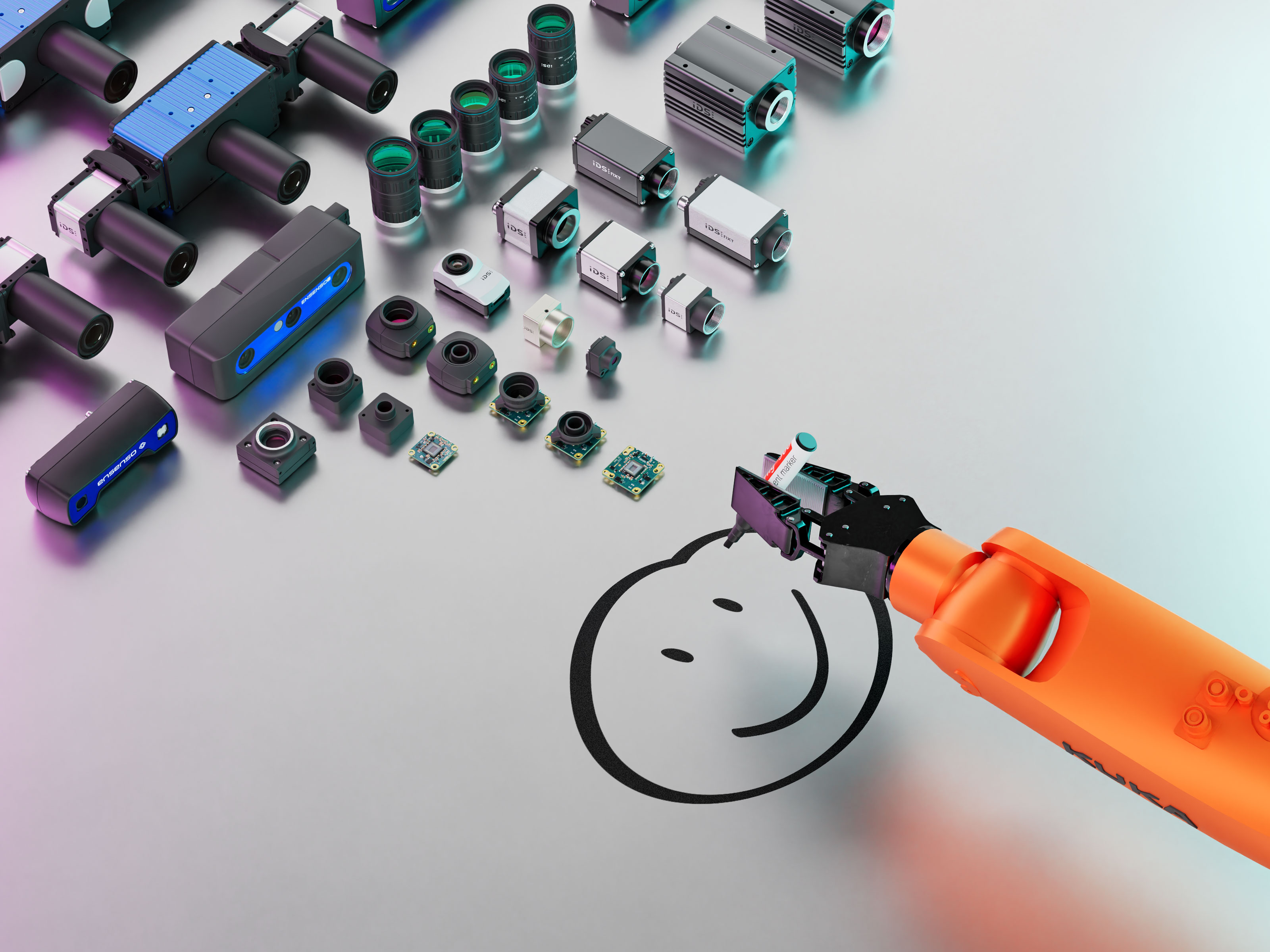Produktvisualisierung verschiedener IDS-Kameras und eines Roboterarms