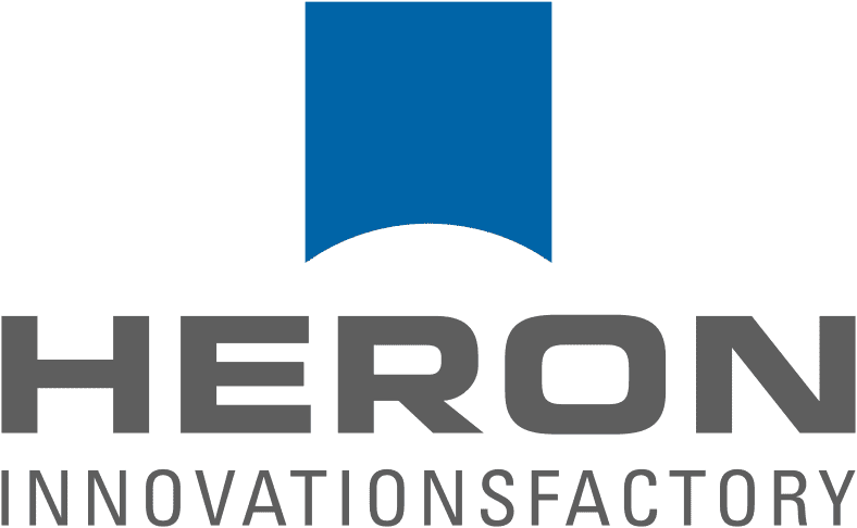 Vollständiges Logo Heron Innovations Factory mit blauem Zeichen und grauem Schriftzug