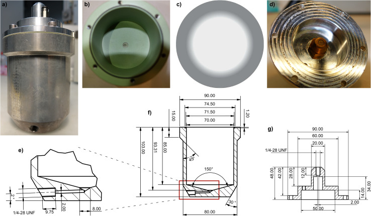 Originalabbildung mit Fotografien eines Aluminium-Mischbehälters, seiner beschichteten Innenseite, Deckel und Düse sowie einer CAD-Zeichnung.