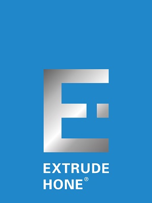 Silbernes E und vollständiger Schriftzug Extrude Hone auf blauem Rechteck