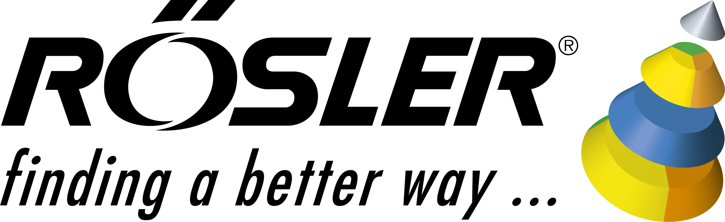 Vollständiges Rösler-Logo mit Schriftzug und farbigen Kegeln, Fassung2018